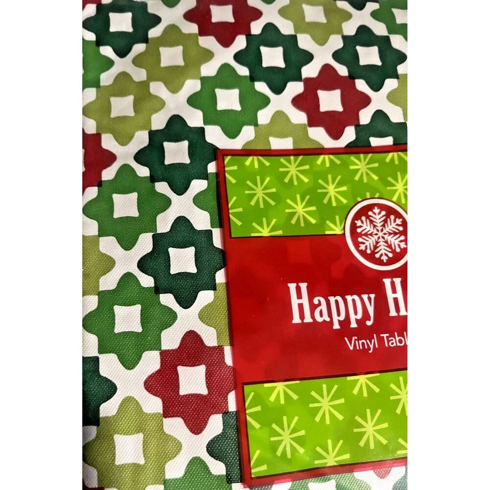 Christmas Red Green White Vinyl Tablecloth Flannel Backed Holiday Square 52x52